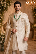 Elegant Ivory Groom Sherwani with Golden Embroidery