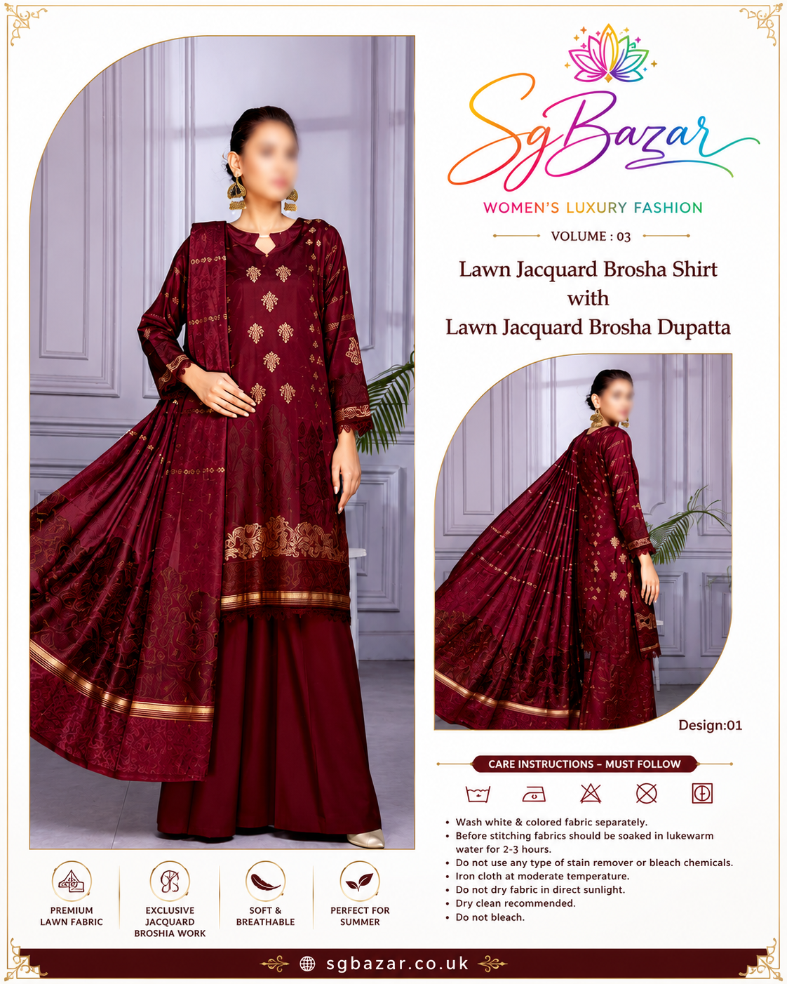 SgBazar Women's 3-Piece Unstitched Lawn Jacquard Brosha Suit