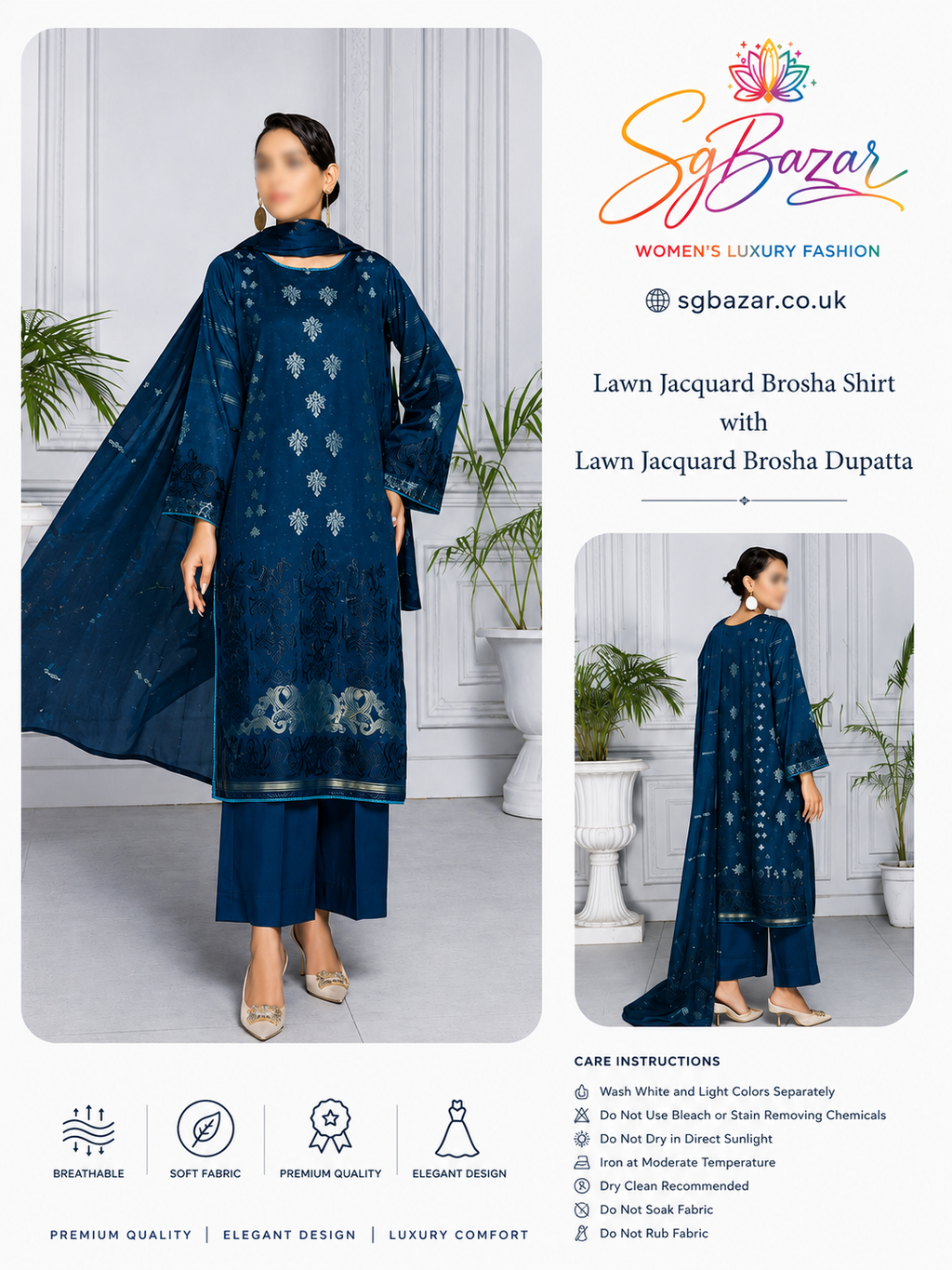 Women's 3-Piece Lawn Jacquard Brosha Suit – Navy Blue | Premium Unstitched Summer Dress | SG Bazar