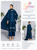 Women's 3-Piece Lawn Jacquard Brosha Suit – Navy Blue | Premium Unstitched Summer Dress | SG Bazar