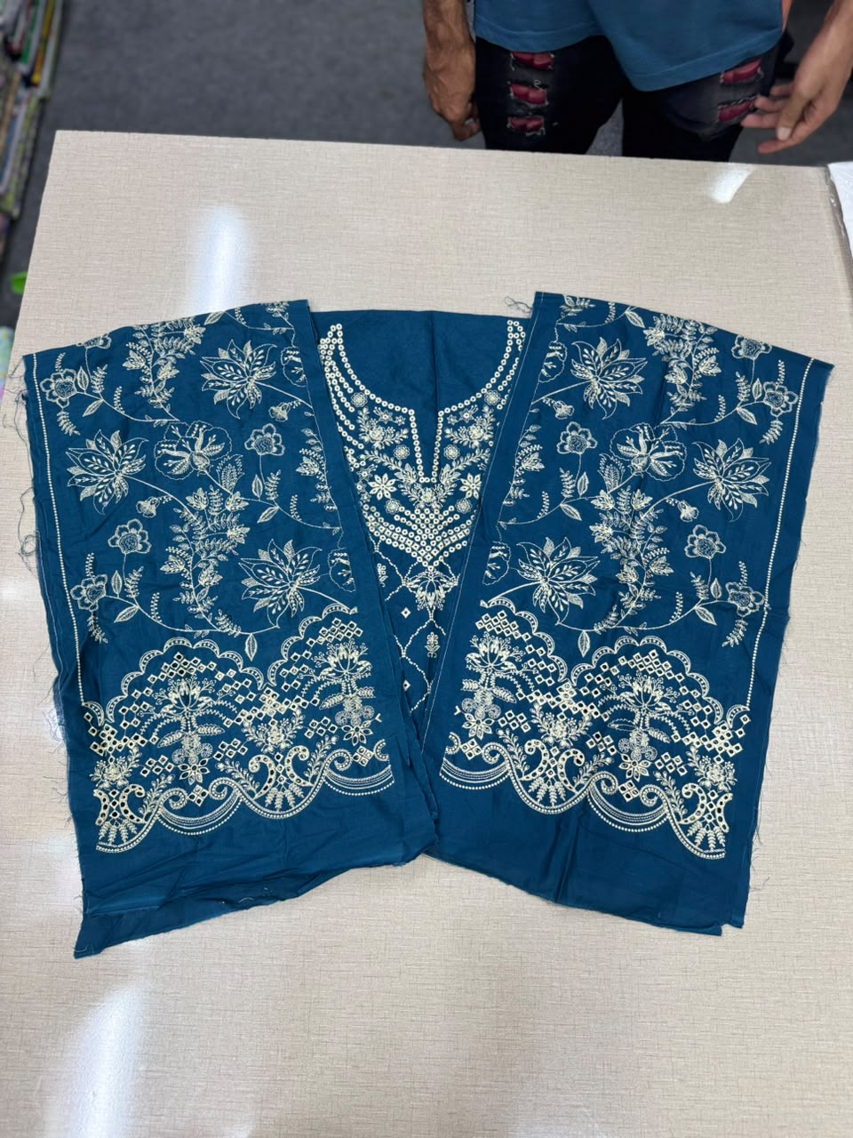 Women's 3-Piece Lawn Jacquard Brosha Suit – Navy Blue | Premium Unstitched Summer Dress | SG Bazar